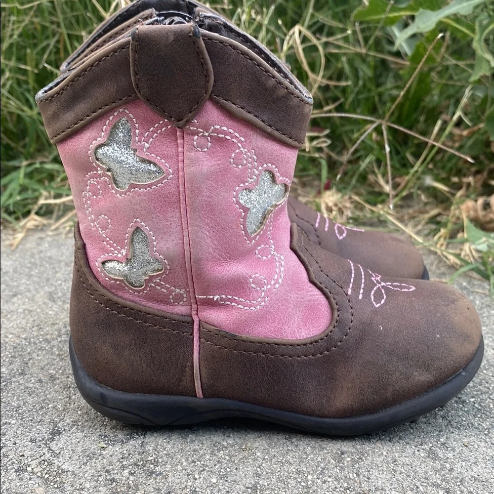 Pink and Brown Kids Cowboy Boots Cowgirl Western boot with Silver Butterfly’s - Picture 3 of 12